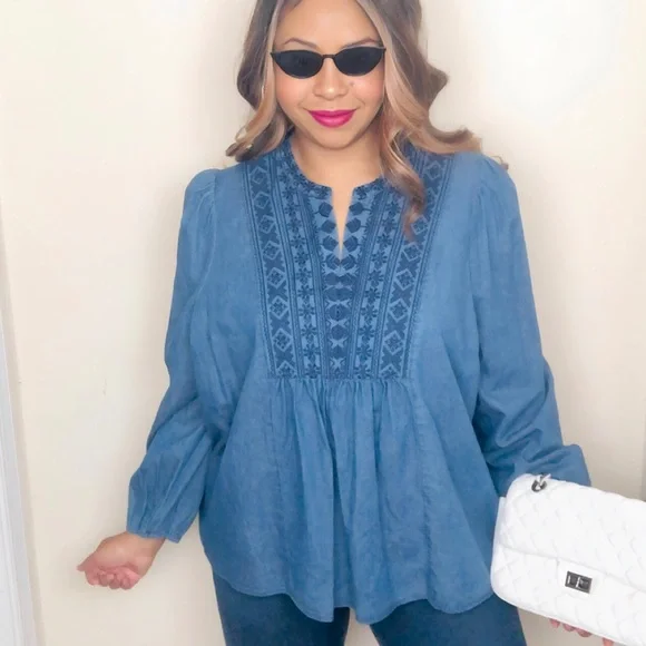 SALE 🔥 FALLS CREEK 3X Denim Blue Embroidered Boho Western Long Slv Plus Peasant - Picture 13 of 15